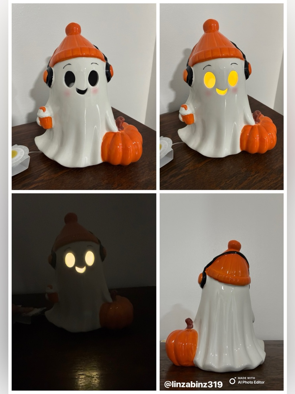 LED Light Up-  Ceramic Halloween Ghost with Pumpkin, Beanie, Headphones & Latte